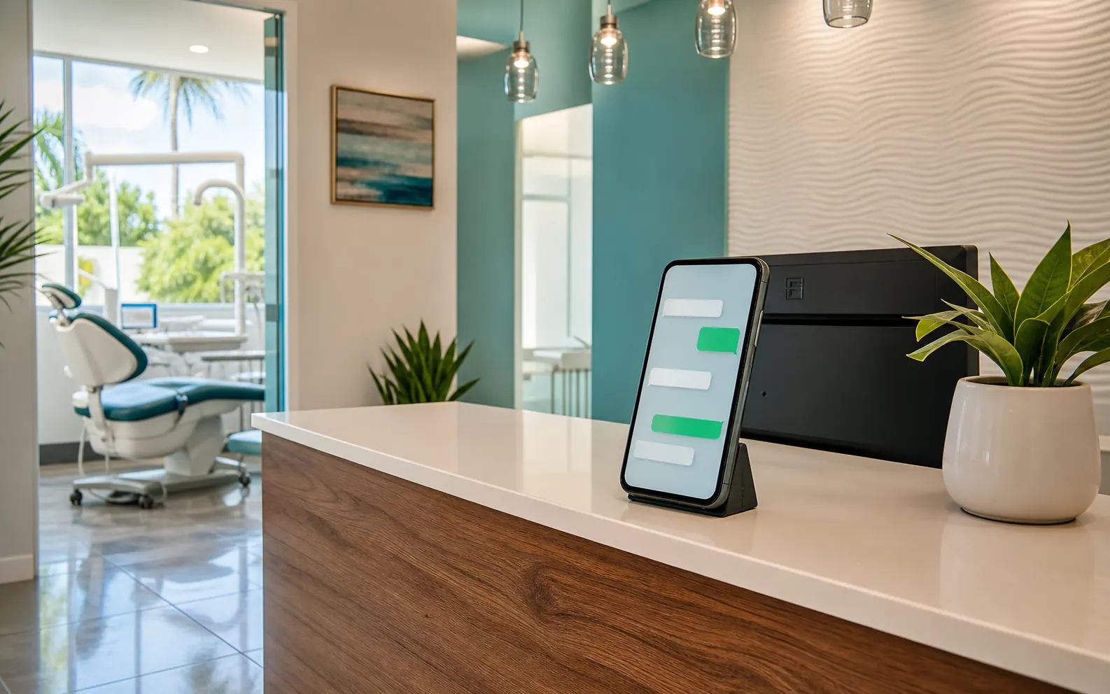 Recepción dental moderna con teléfono mostrando una conversación administrativa.